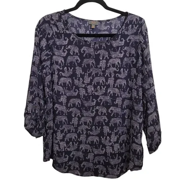 MIX Women’s Medium Navy Elephant Print Blouse Tunic 3/4 Sleeve Lightweight