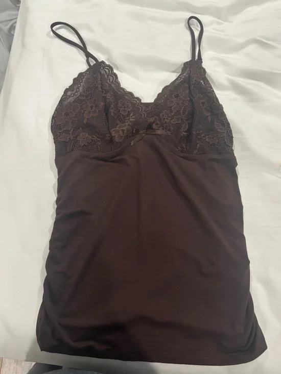 Lace Trim Brown Cami Tank Top
