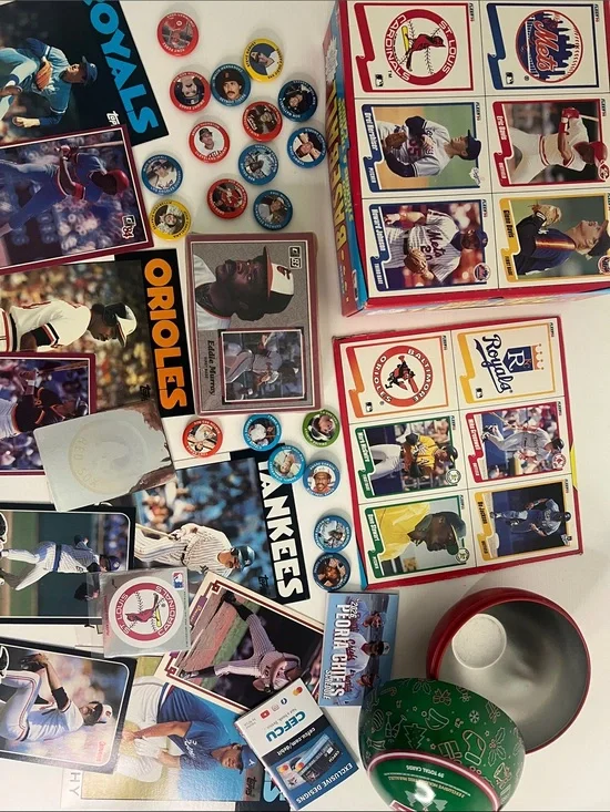 Vintage Baseball Card & Pin Lot — Multi-Color Collectible Set