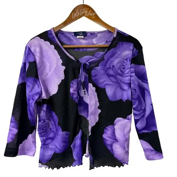 Y2K Purple All Over Floral Mesh Tie Front Top Large Rag Coverup Lettuce Hem VTG