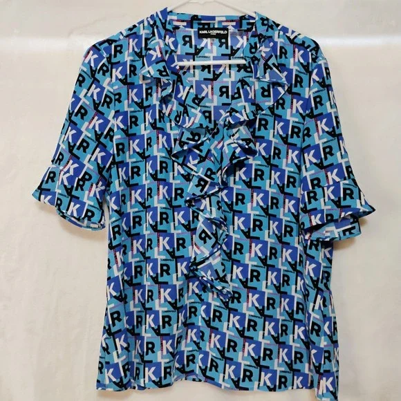 Karl Lagerfeld Paris Womens Blue Logo Print Ruffle V Neck Blouse Size Medium