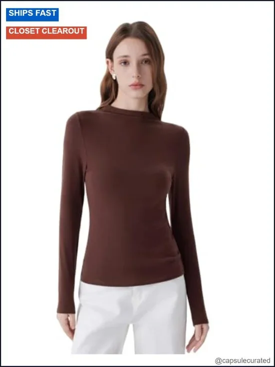 Cloud Cashmere Mock Neck Fitted Long Sleeve T-Shirt - Buttery Soft