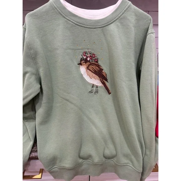 Bua Bua Women Sage Green Embroidered Bird Floral‎ Crown Sweatshirt Size Large