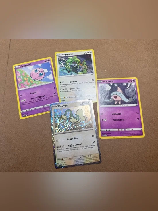 Pokemon Trading Cards Bundle Lot of 4  Drampa Jigglypuff Rayquaza Hatenna