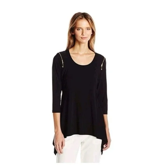 CHAUS NY BLACK ZIPPERED SHOULDERS TUNIC BLOUSE‎ SZ XL CAREER ACADEMIA