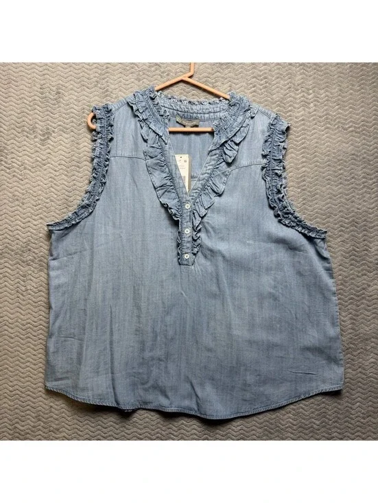 Wit & Wisdom Top Womens Sz 2XL Chambray Ruffles Sleeveless Cowgirl Lyocell NWT