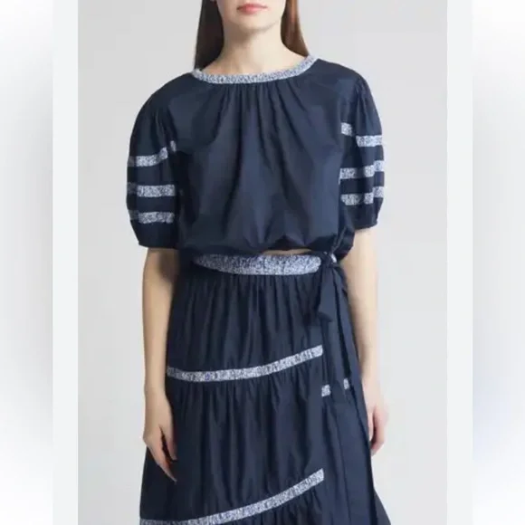 MERLETTE puff sleeves navy top Liberty cotton the great printfresh blockprints L