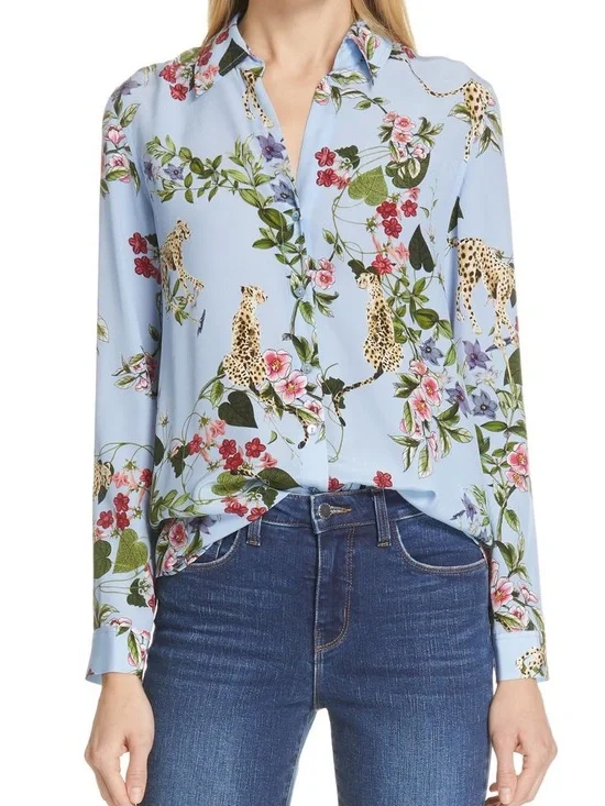 L'Agence Nina Long Sleeve Blouse in Sky Blue Jungle