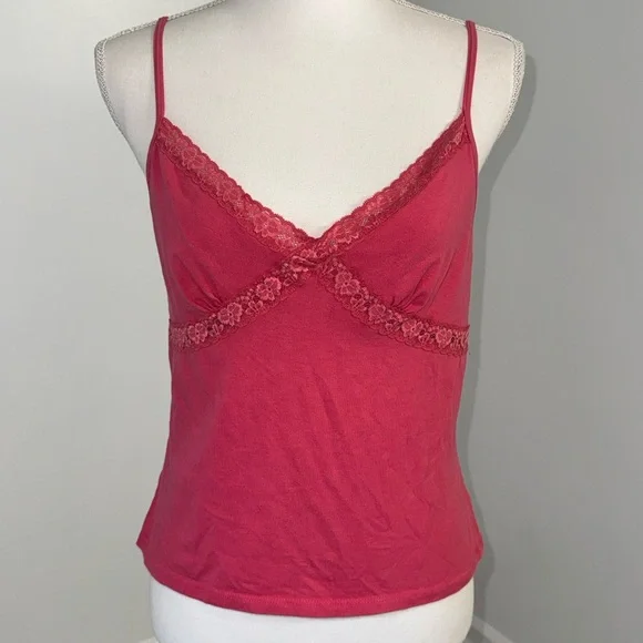 Caribbean Joe Pink Lace Trim Camisole‎ Tank Top Large Y2K Built In Bra