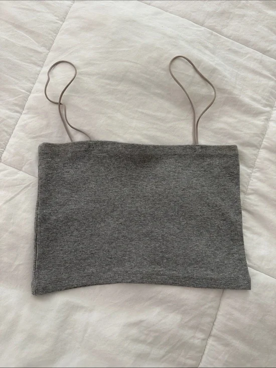 Zara Gray Knit Cropped Cami with Thin Taupe Straps