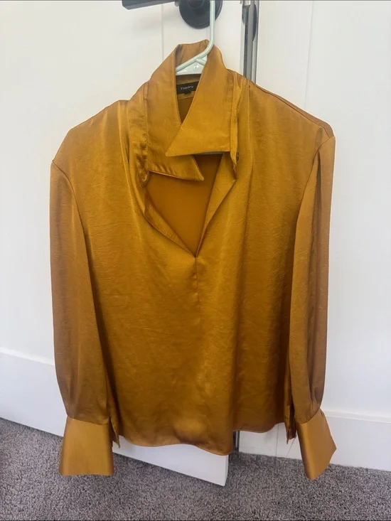 Theory Satin Split-Neck Blouse in Mustard