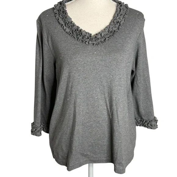 Quacker Factory Gray Ruffle V-Neck Rhinestone 3/4 Sleeve Cotton‎ Top Small