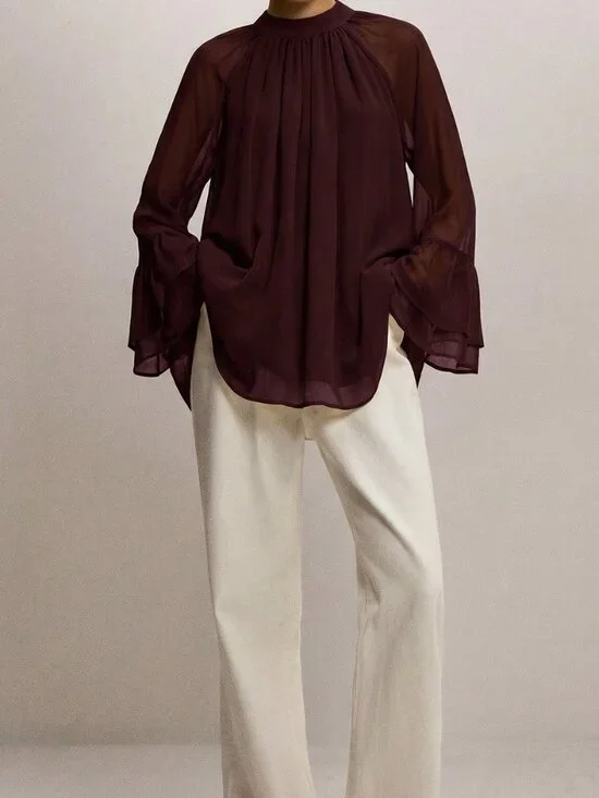 Brown Elegant Women's Minimalist Loose Pleated Flare Sleeve Blouse