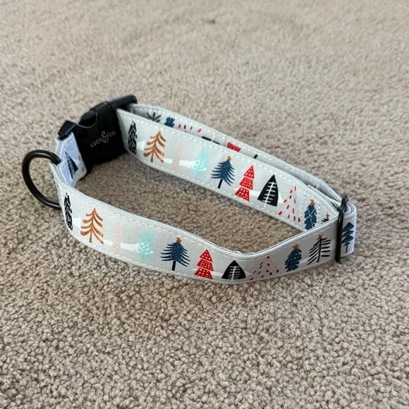 Lucy & Co. Holiday Tree Dog Collar - Gray blue with Multi-Color Trees