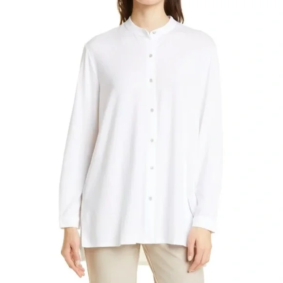 Eileen Fisher White Tencel blend v-neck Button Front Long Sleeve Tunic Shirt L