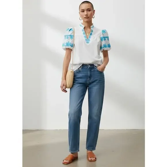 Entro NWT Off White Blue Embroidered Bubble Sleeve Blouse S