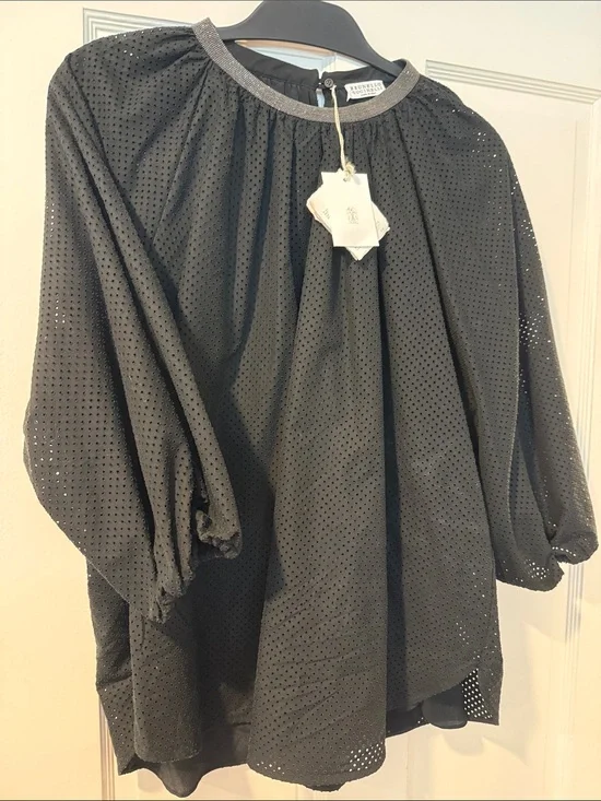 Brunello Cucinelli Black Eyelet Peasant Blouse with Silver Trim