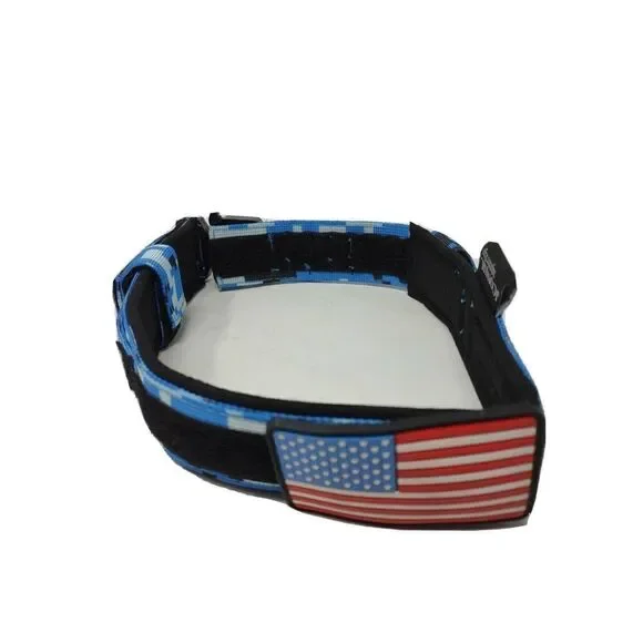 Dog Collar Blue Urban Camo With Flag Adjustable with Quick Release Fits 7 inch
