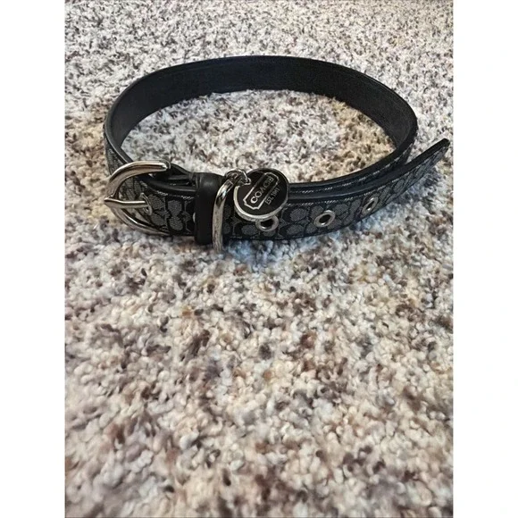 Authentic New COACH Gray Black Leather Signature Black CC Print Dog Collar Sz XL