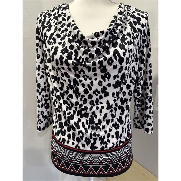 Ruby Rd White Black Shirt Leopard Print Pullover Blouse Stretch Cowl Petite S