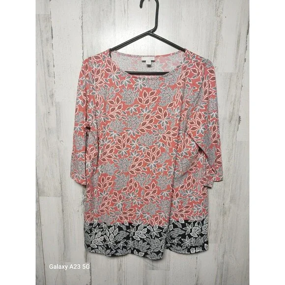 J. Jill Womens Blouse Pink Black Floral 3/4 Sleeve Jewel Neck Large