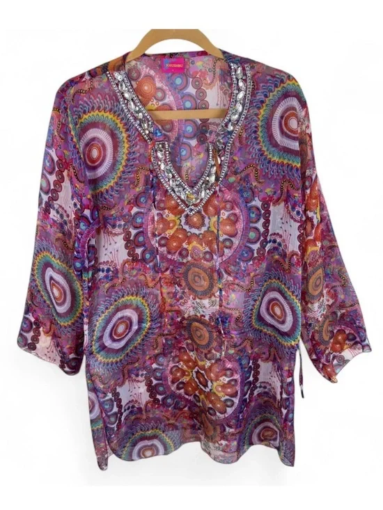 Khushbu Sheer Embellished Rhinestone Tunic‎ Top Mandala Paisley Print Pink Large