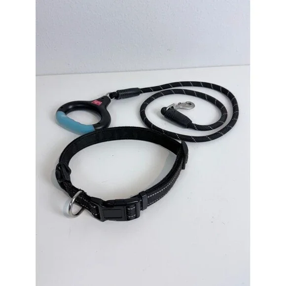 XL Black Neoprene Lined Dog Collar, Leash  & AirTag Holder