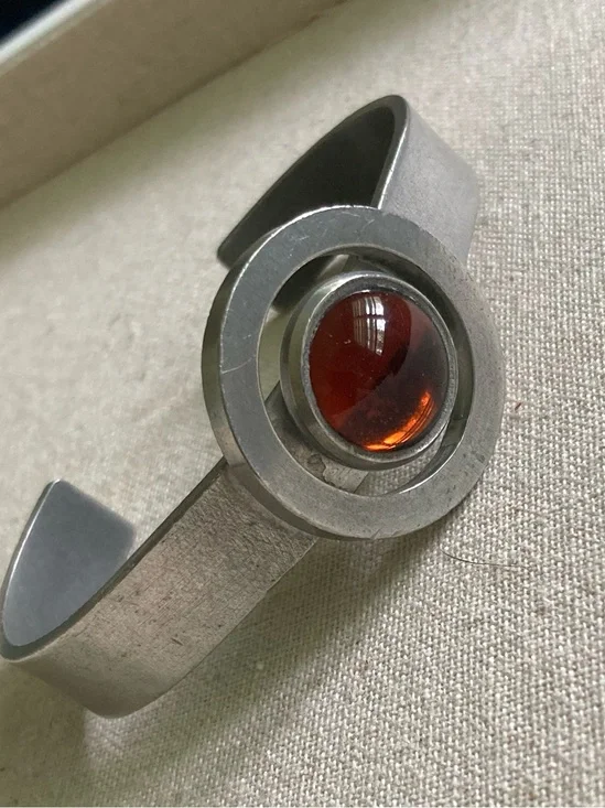Jorgen Jensen Vintage Mid Century pewter cuff bracelet Amber Glass Center Stone