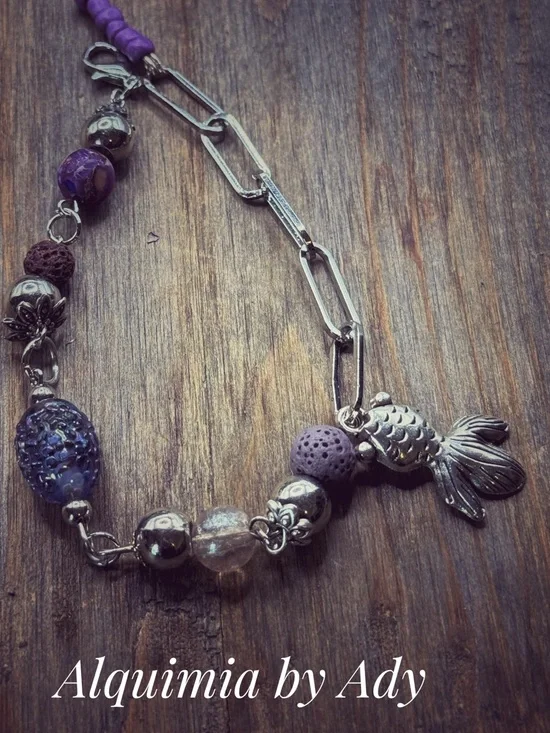 Purple Bead  anklet Bracelet with Silver Fish Charm