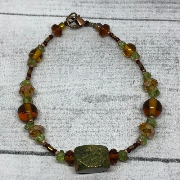 Artisan made natural stone and glass boho style bracelet