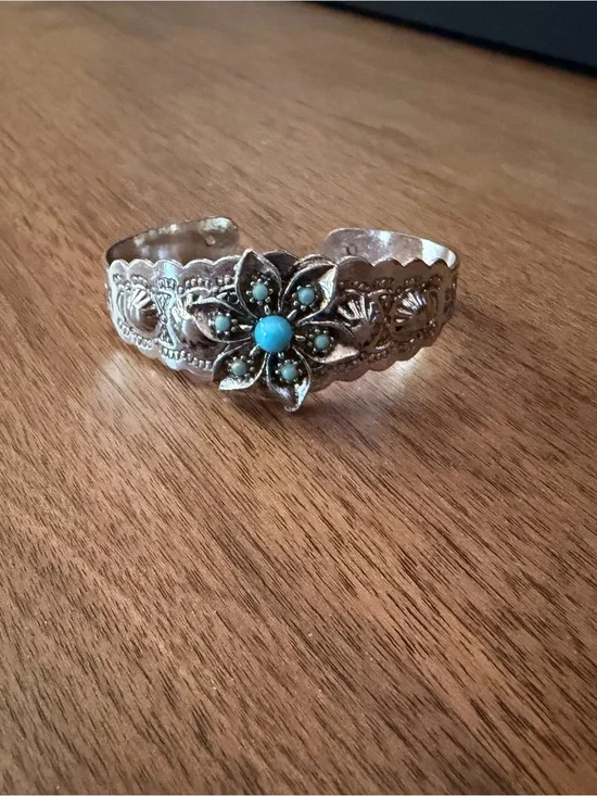 Silver Floral Turquoise Accent Cuff Bracelet - Women Jewelry
