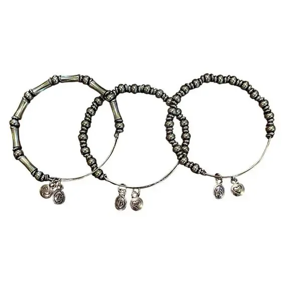 Alex and Ani  Brass Tone Charm Adjustable Bracelet, Heart, Initial B, Set of 3