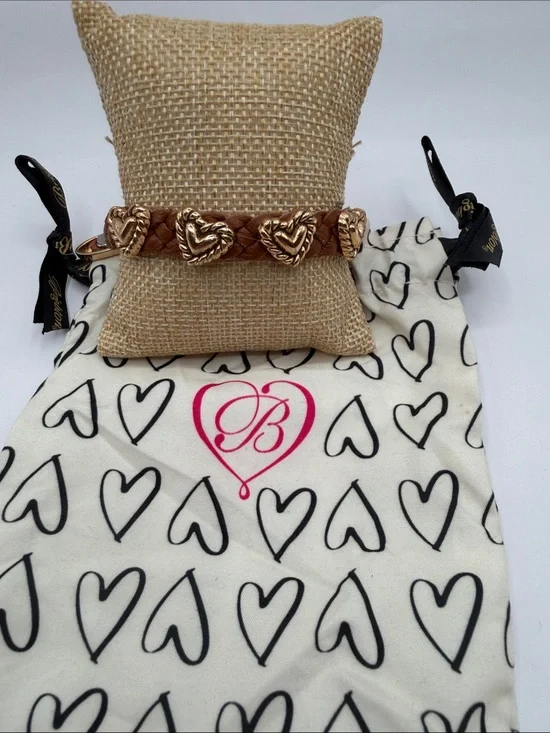Brighton Bandit Braided Brown Leather Bracelet with Gold Heart Accents