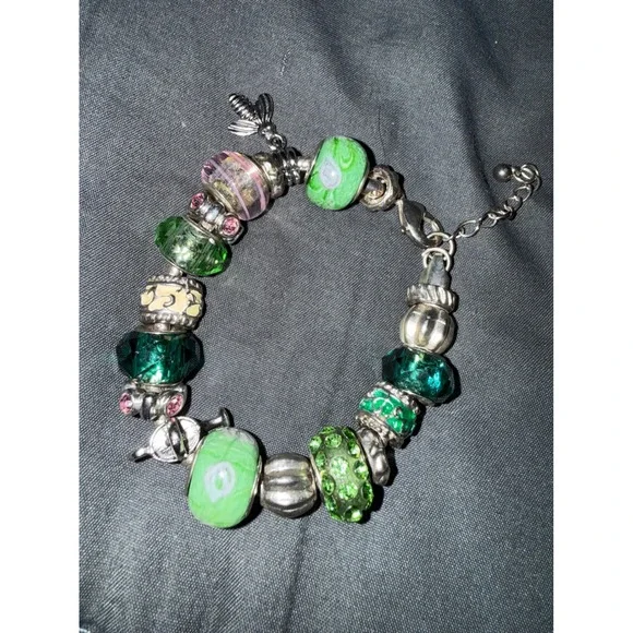 Green Pink Murano Glass Bead Charm Bracelet Silver Tone Bee European Style