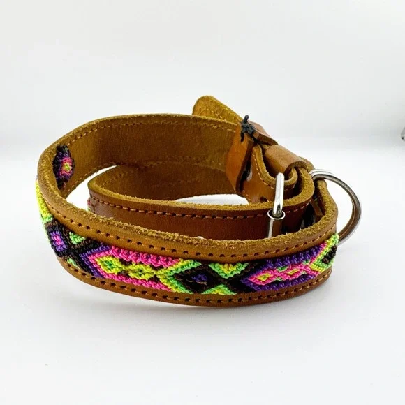 Genuine Leather Dog Collar‎ Woven Aztec Pattern Adjustable Metal Buckle D Ring