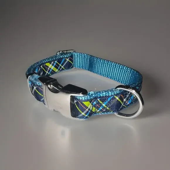 Dog Cat Collar Blue Plaid Adjustable ALU‑Max Metal Buckle 1/2in 9.5–12in Small