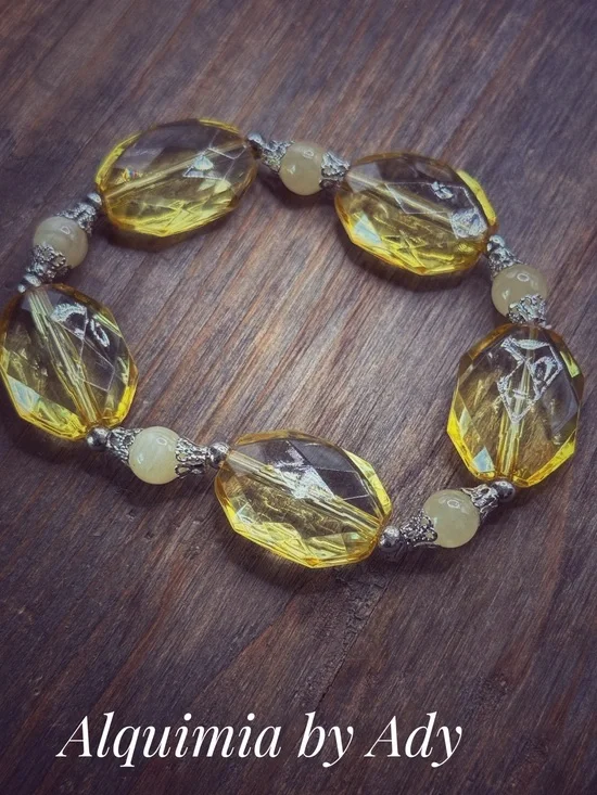 Citrine and Amber Faceted Bead Stretch Bracelet with Gold Accents