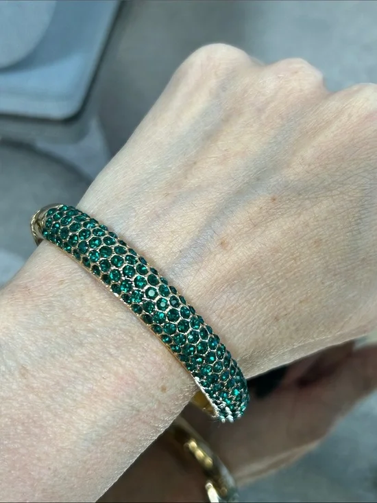 Gold Bangle Bracelet with Emerald Green Crystals