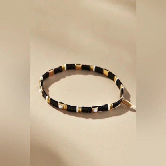 Beaded Chicklet Bracelet in Black and Gold