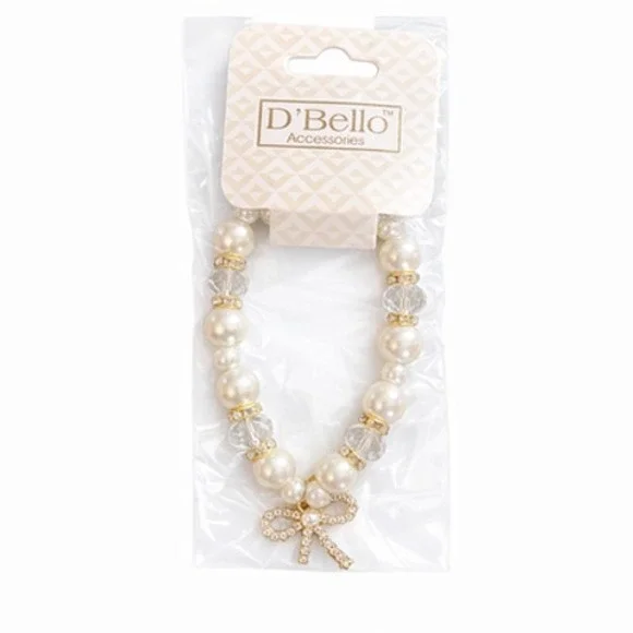 D'Bello White Pearl Beaded Stretch Charm Bracelet‎ Rhinestone Womens Jewelry NEW