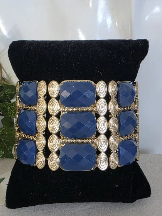 Bold Royal Blue Cabochon & Gold Tone Stretch Statement Cuff Bracelet