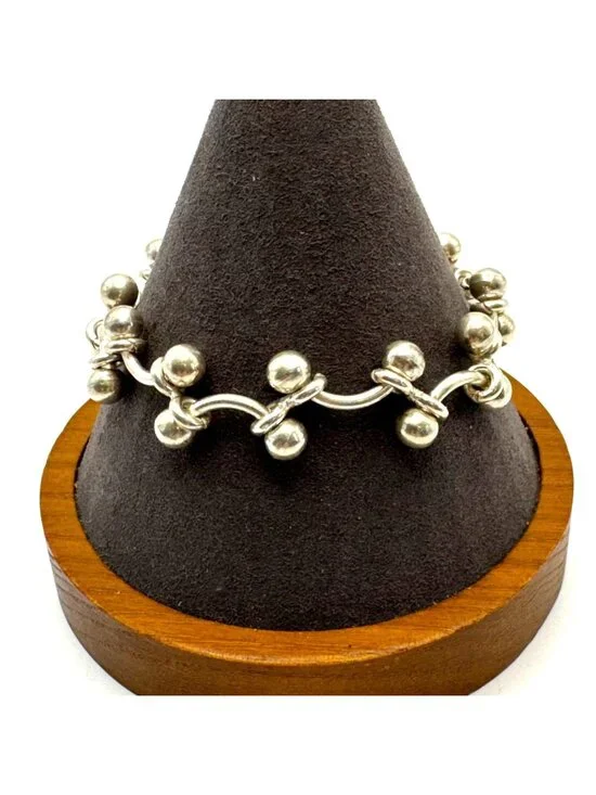 Beaded Curved Bar Link Chain Bracelet Sterling Silver 925 Size 7.25