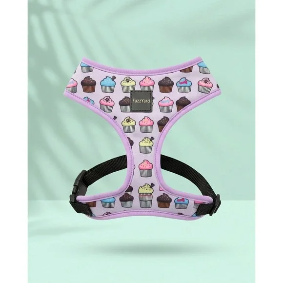 FuzzYard Dog Harness Large Cupcake Print Purple Trim Adjustable Soft Halter
