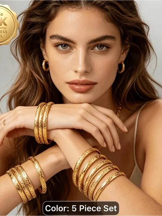 18k Gold Textured Bangle Bracelet Set - 5 Piece Women’s Jewelry