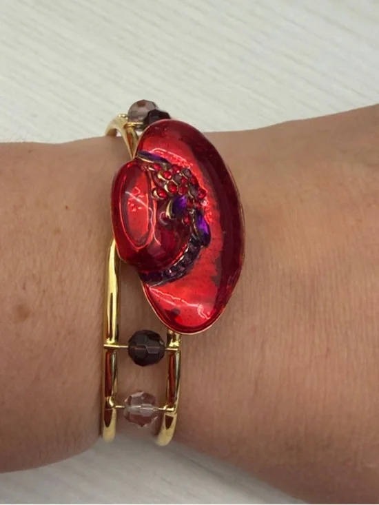 Gold Bangle Bracelet with Red Floral Accent
