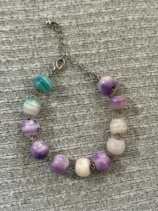 Bohemian theme purple, white & blue swirly beaded adjustable chain bracelet