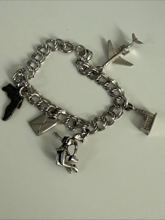 Vintage Sterling Silver Charm Travel Bracelet Florida cheerleader airplane