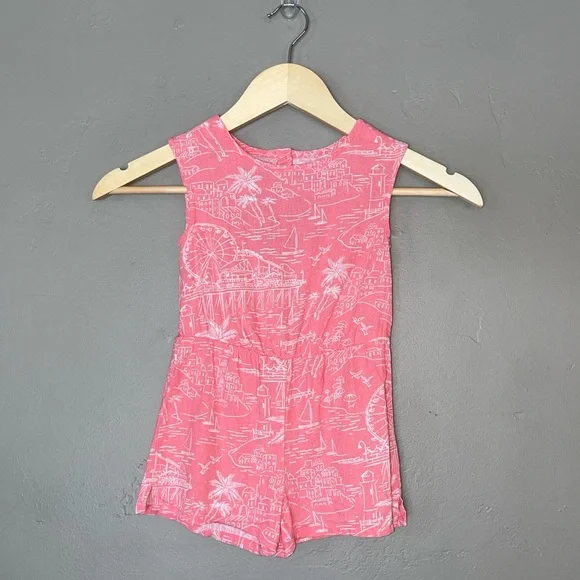 Old Navy Pink White Keyhole Back Romper Summer Beach Boardwalk Theme Girls 3T