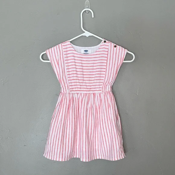 Old Navy Linen Blend Red White Striped Dress Coastal Preppy Nautical Girls 3T