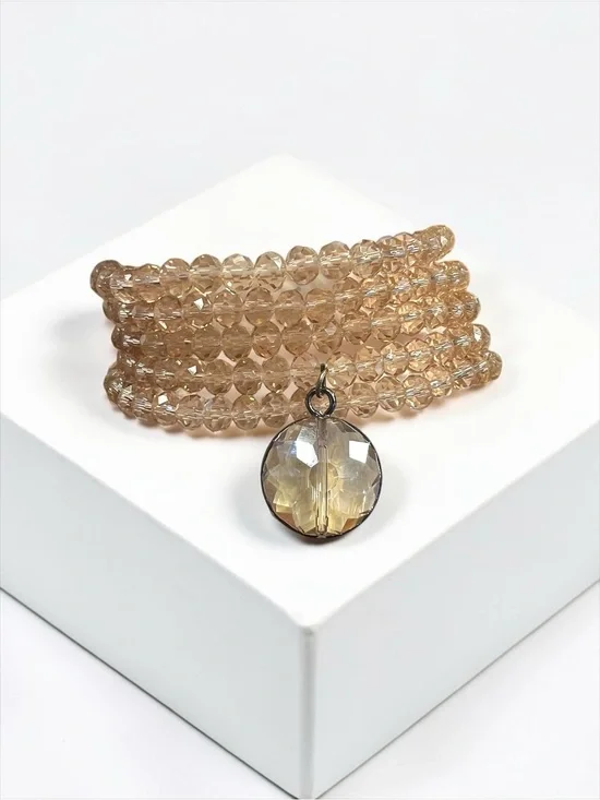 Faceted Champagne Bead Wrap Bracelet with Crystal Charm